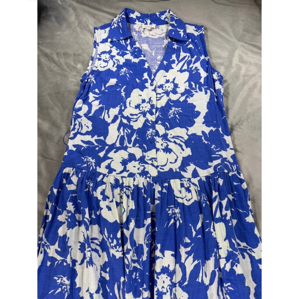 ODDI Royal Blue Floral Collared Sleeveless Linen Maxi Slit Dress A-Line Medium